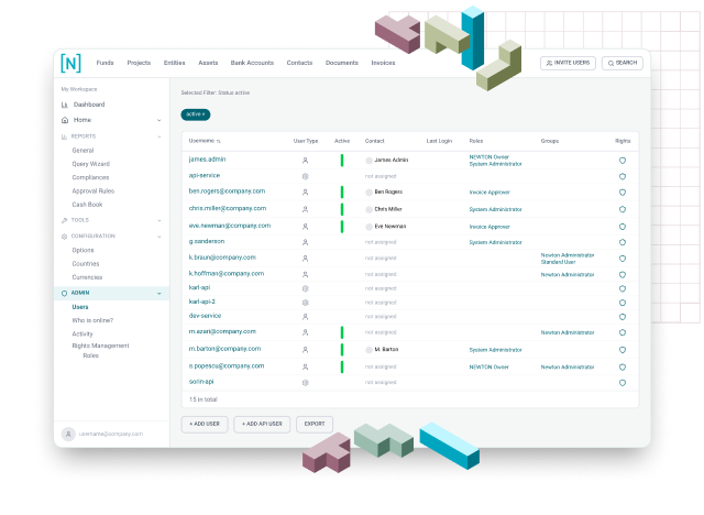 NEWTON security, access rights and audit trail screen
