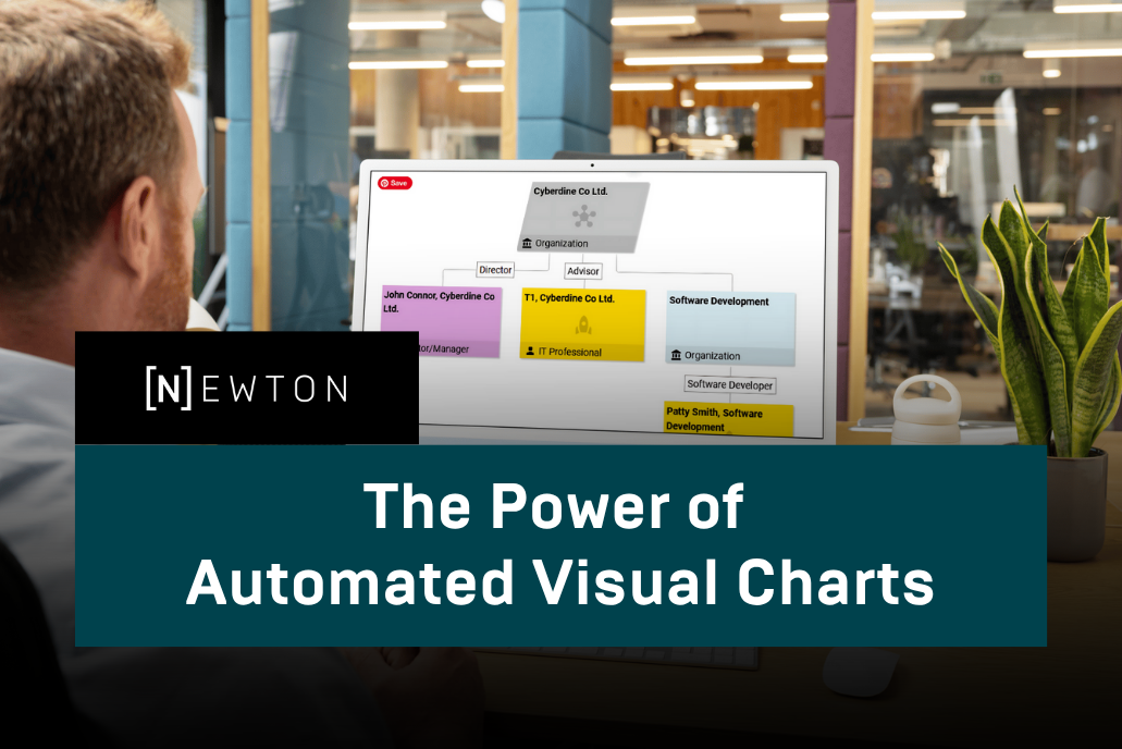 Example of an automated organization chart with color-coded, connected boxes visualizing company structures. The chart illustrates automated visual connections between roles and entities. Overlay includes the NEWTON logo and the headline 'The Power of Automated Visual Charts,' highlighting dynamic chart creation and automated data visualization.