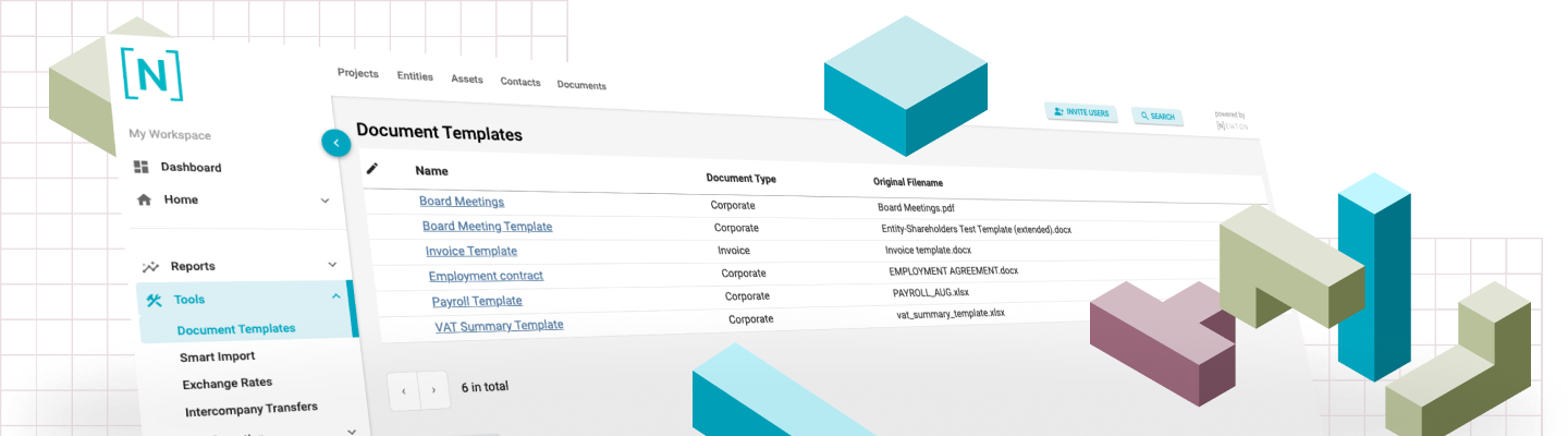 A dashboard with a document template list, and three-dimensional cube graphics.