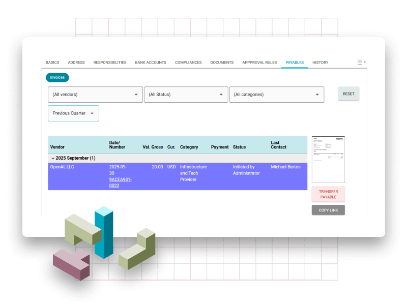 Payables overview in NEWTON entity management software showing vendor invoices by category, date, and status with linked document preview.