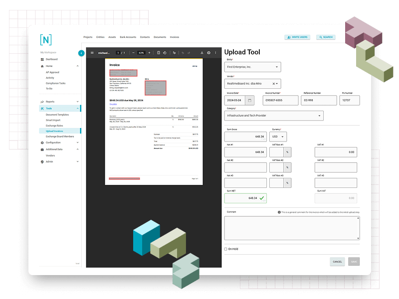 Invoice upload tool in NEWTON displaying a scanned invoice and editable form fields for vendor, entity, category, and VAT data entry.