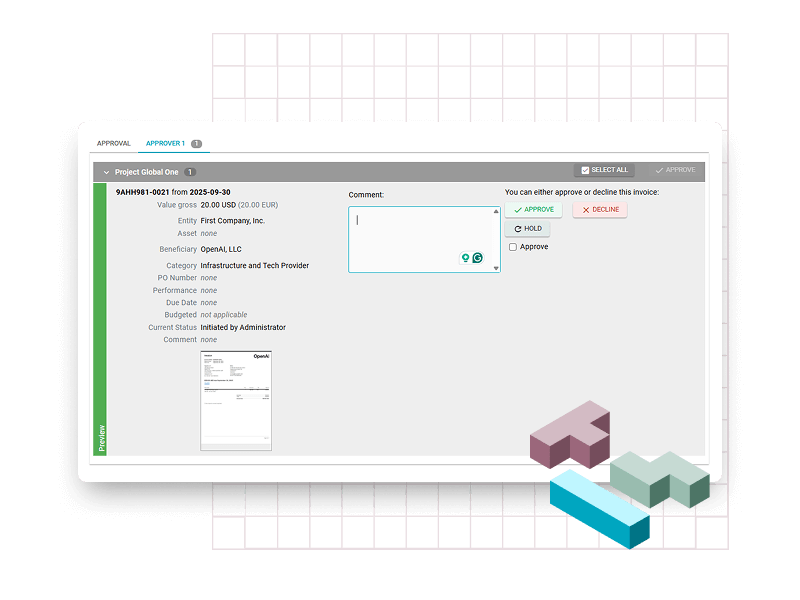 Invoice approval interface in NEWTON showing approver options to approve, decline, or hold vendor invoices with full payment details.