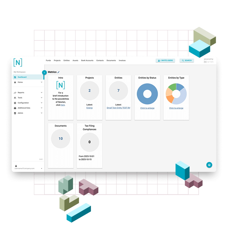Dashboard view of NEWTON entity management software showing key metrics for projects, entities, documents, and compliance.