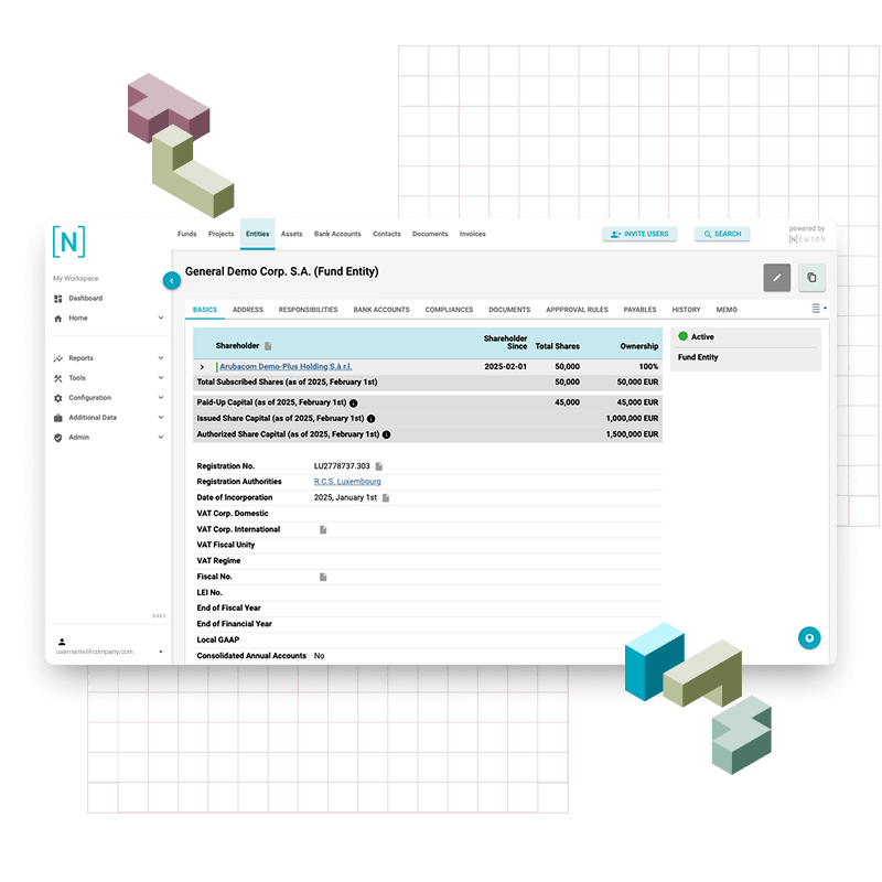 Entity details page in NEWTON entity management platform displaying shareholder structure, capital data, and registration information.