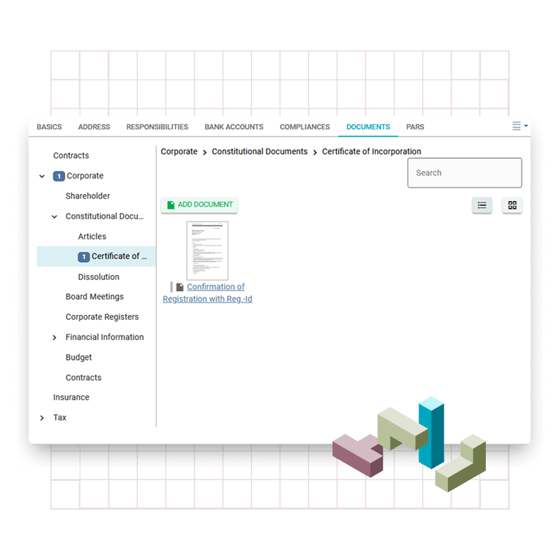 Document management section in NEWTON showing organized corporate files such as certificates of incorporation and board documents.