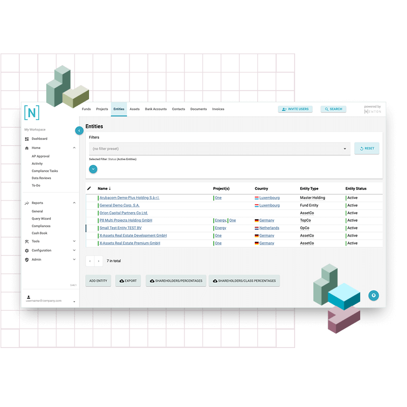 Entity overview page in NEWTON entity management platform, showing a list of Entities with a filter functionality