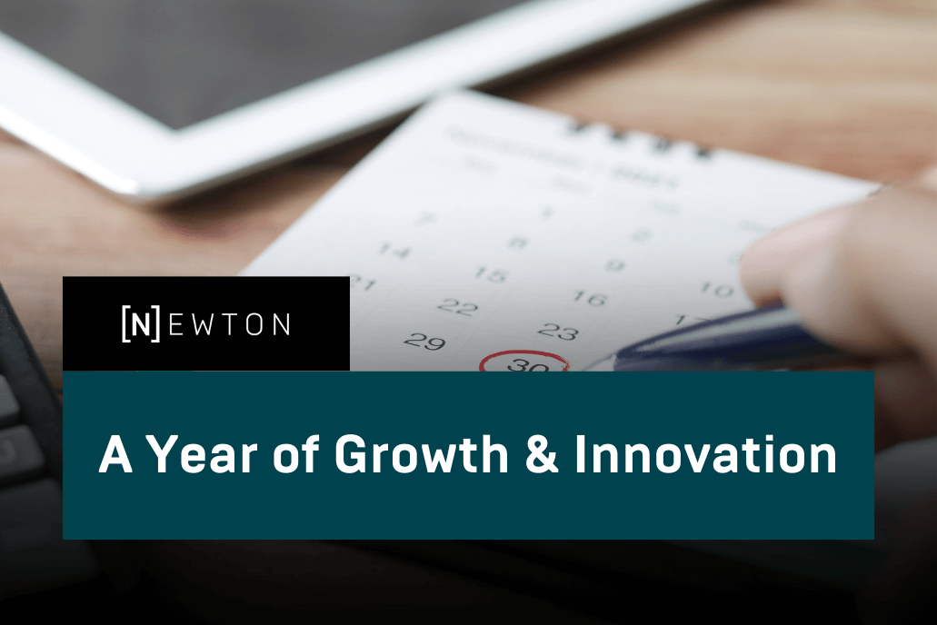 NEWTON entity management software 2025 year in review: calendar with circled date symbolizing annual recap, with text "A Year of Growth & Innovation"
