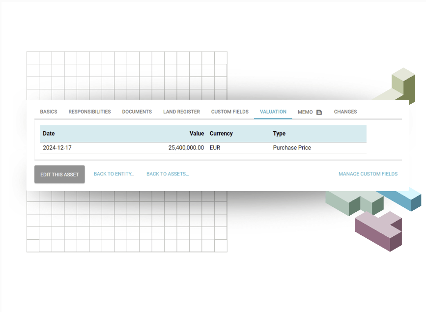 NEWTON Valuation tab showing a Purchase Price entry of 25,400,000 EUR.