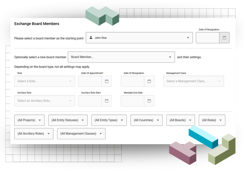 NEWTON Exchange Board Members form with fields for selecting an outgoing and incoming board member, dates, and role settings.