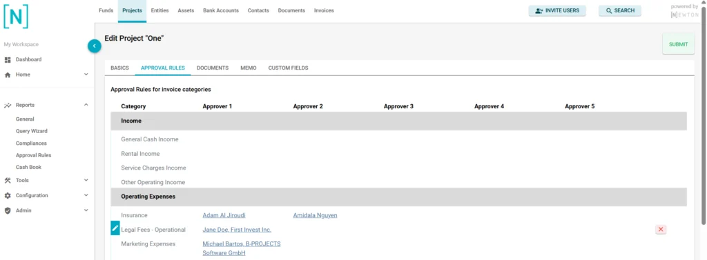 NEWTON project edit view showing the Approval Rules tab for project "One" with assigned approvers per invoice category, including Insurance, Legal Fees – Operational, and Marketing Expenses.